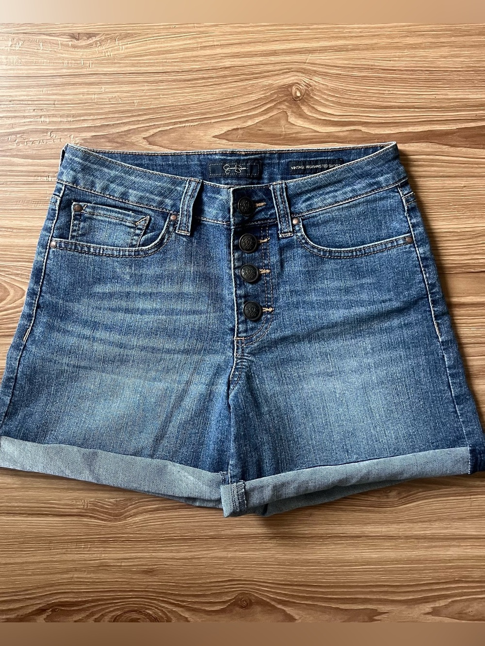 Jessica Simpson Medium Blue High-Rise Button-Fly Jean Shorts